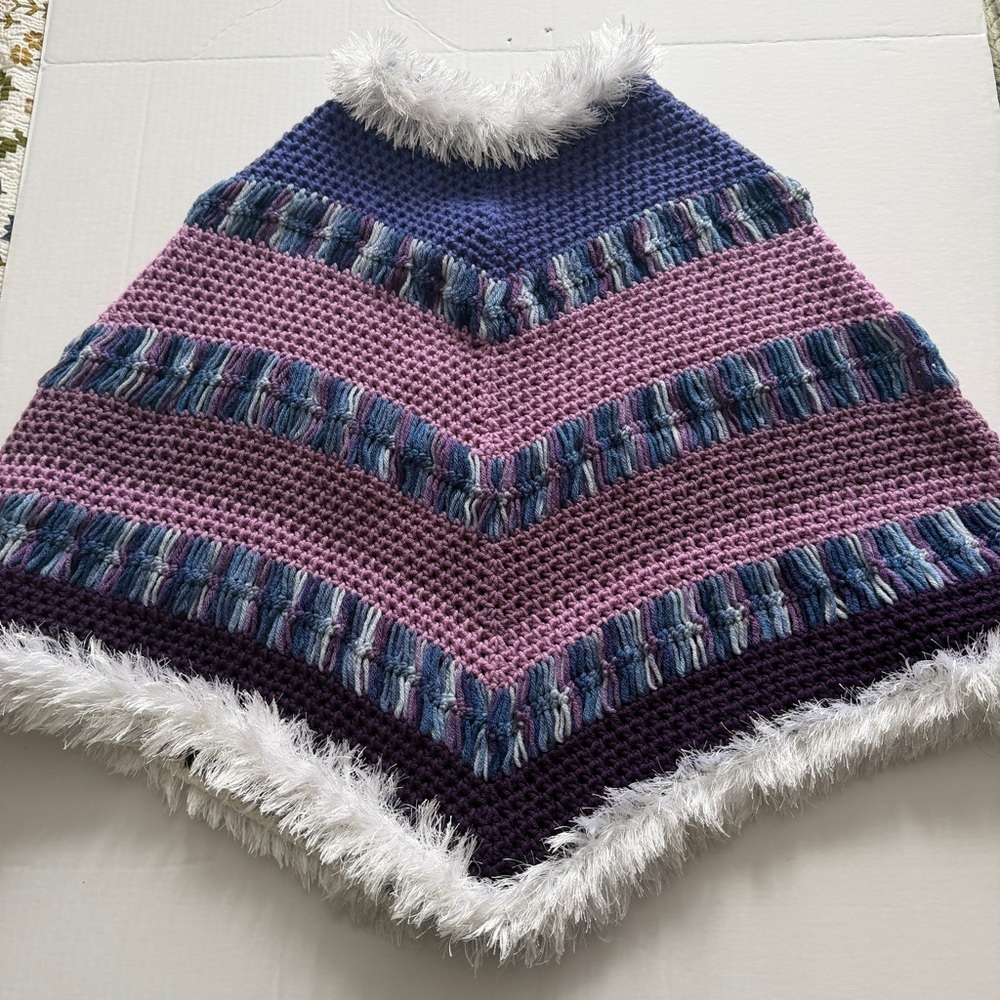 Multicolor Knit Poncho with Faux fur trim